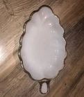 Vintage Milkglass Leaf-Shaped Candy/ Snacks Dish; Gold Edge/Trim; Anchor-Hocking