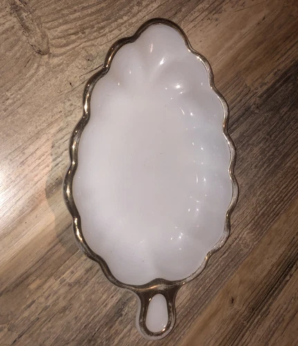 Vintage Milkglass Leaf-Shaped Candy/ Snacks Dish; Gold Edge/Trim; Anchor-Hocking