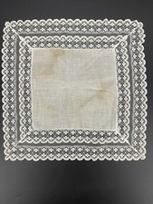 Vintage Off White Linen Ladies Handkerchief Hanky Floral Double Lace Border READ