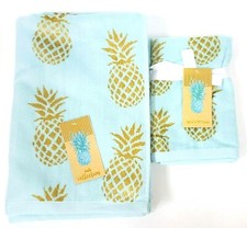 BATH COLLECTION TORQUOISE BLUE,GOLD PINEAPPLE DESIGN BATH OR 2 FINGER TIP TOWEL