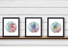 Set of 3 Betta Fish Wreaths Unframed Wall Art Prints COASTAL BEACH NAUTICAL Aqua