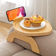 Bamboo Sofa Tray Table Clip on Side Table Couch Arm with 360° Rotating Phone Hol
