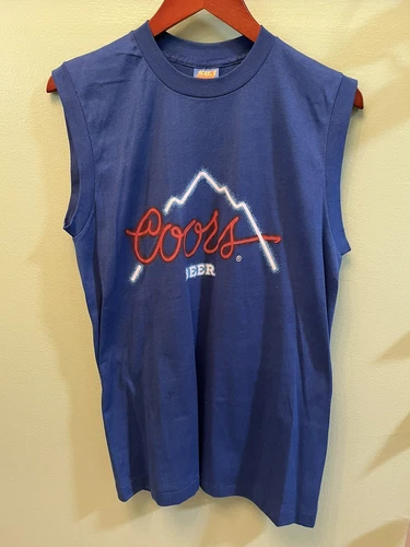Vintage 1980s Coors Beer Shirt Neon Sign Logo Blue Sleeveless Sun Tag Large