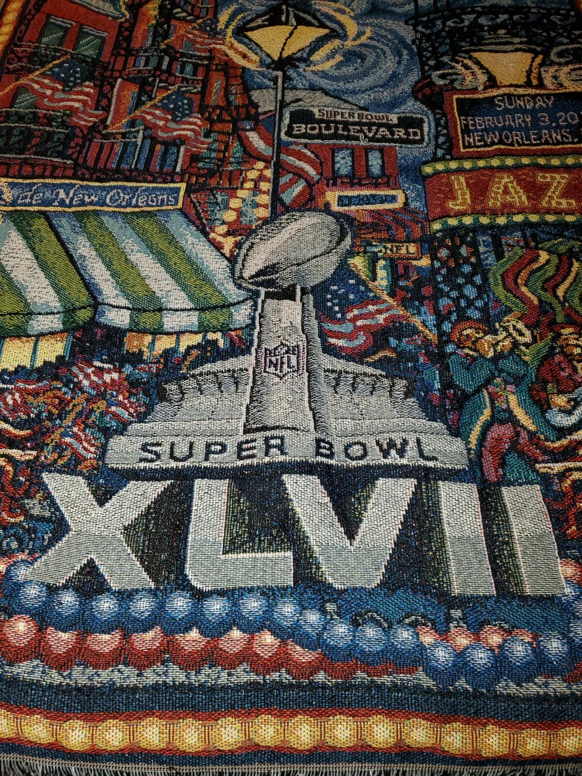 Super Bowl XLVII Multicolor Tapestry Woven Blanket New Orleans 2013 Mardi Gras