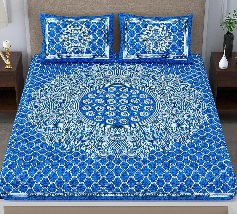 Sábana bajera estampada azul 120 TC mezcla de algodón cama doble tamaño king + 2 fundas de almohada Foto 2 de 4