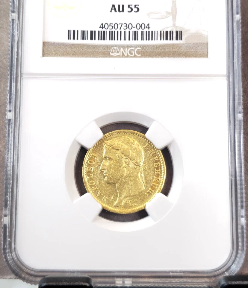 1808 FRANCIA ORO 20 FRANCOS EMPERADOR NAPOLEÓN BONAPARTE NGC AU 55 HERMOSA MONEDA Foto 3 de 3