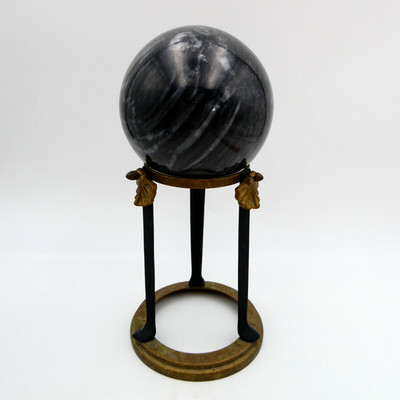 Natural Black Marble Sphere Orb on Brass Scallop Stand 4x10 inch Dark Academia