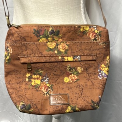 Patricia Nash Floral Map Print Crossbody Bag Brown Coated Canvas Adjustable