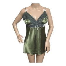 A. Byer Womens Cami Teddy Top M Green Satin Lace Velvet Baby Doll Sexy Romantic