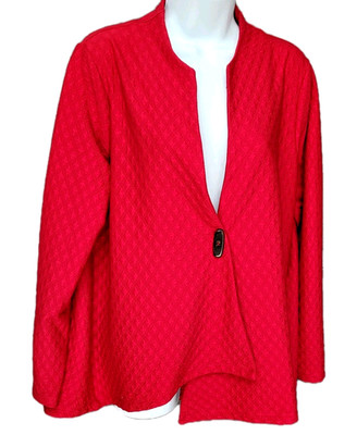 Susan Graver Swing Jacket M Red Textured Woven Asymmetrical Toggle Button Blazer
