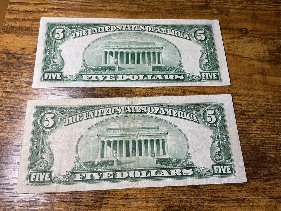 1934 Blue Seal Silver certificate $5 & 1934 Green Sealed Federal Reserve Note - Image 2 of 2