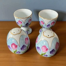 Vintage Ceramic Egg Cups and Egg Shaped Salt & Pepper Shakers by Ganz
