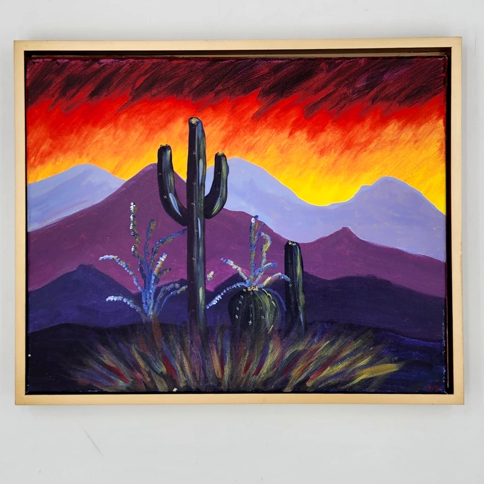Original Southwest Desert Landscape Painting Saguaro Cactus Art Sunset Framed - Image 2 of 4