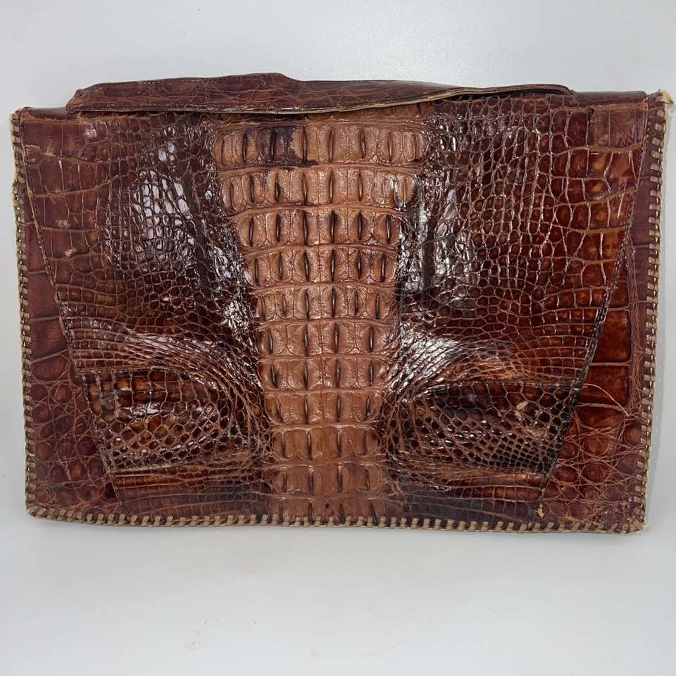 Bolsa de mão de couro vintage marrom genuína bebê crocodilo jacaré - Imagem 2 de 3
