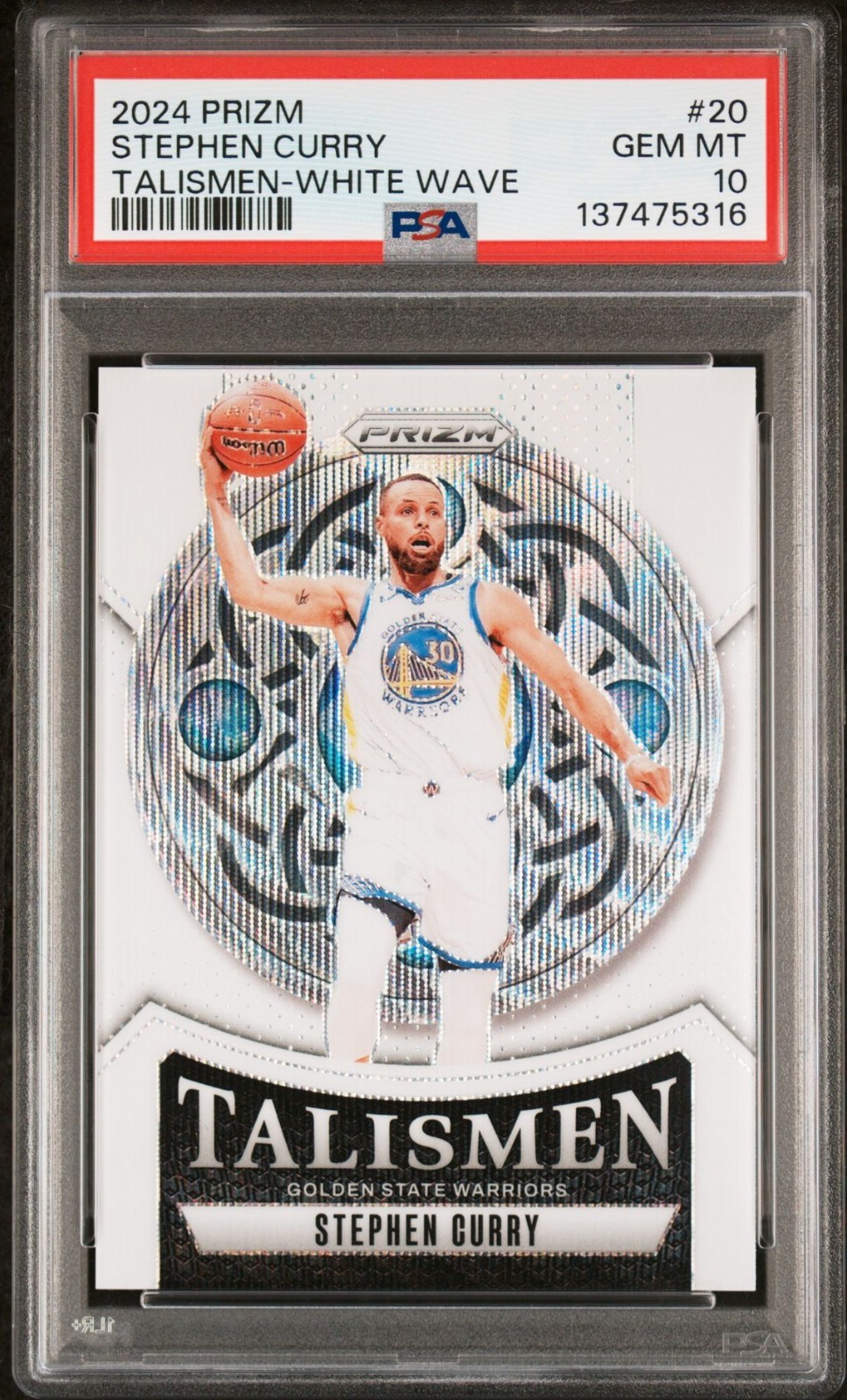 Stephen Curry 2024 Prizm Talismen /20 White Wave Sparkle /20 PSA 10 Gem Mint