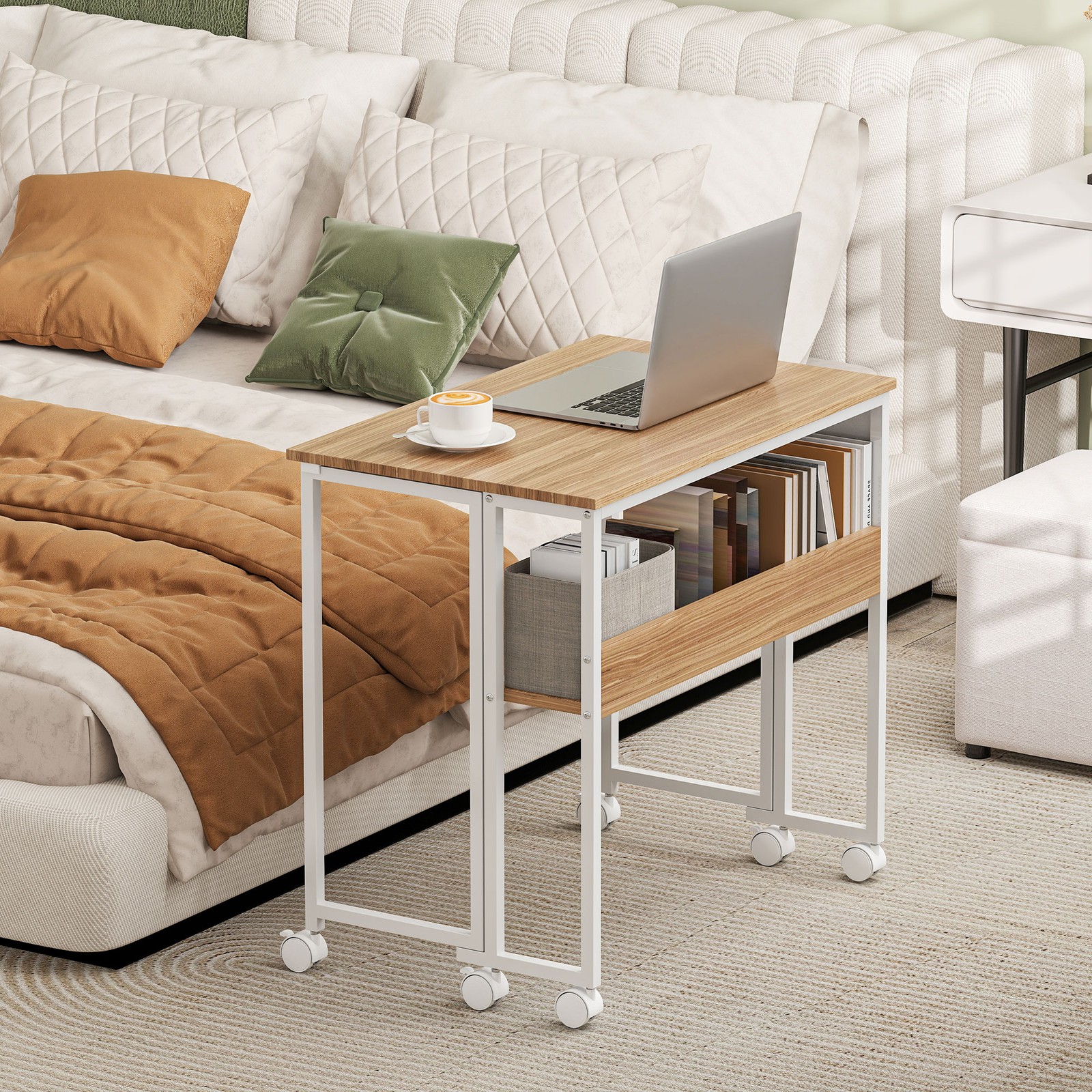 HOMCOM Small Folding Desk Foldable Computer Desk with Shelf Wheels Natural