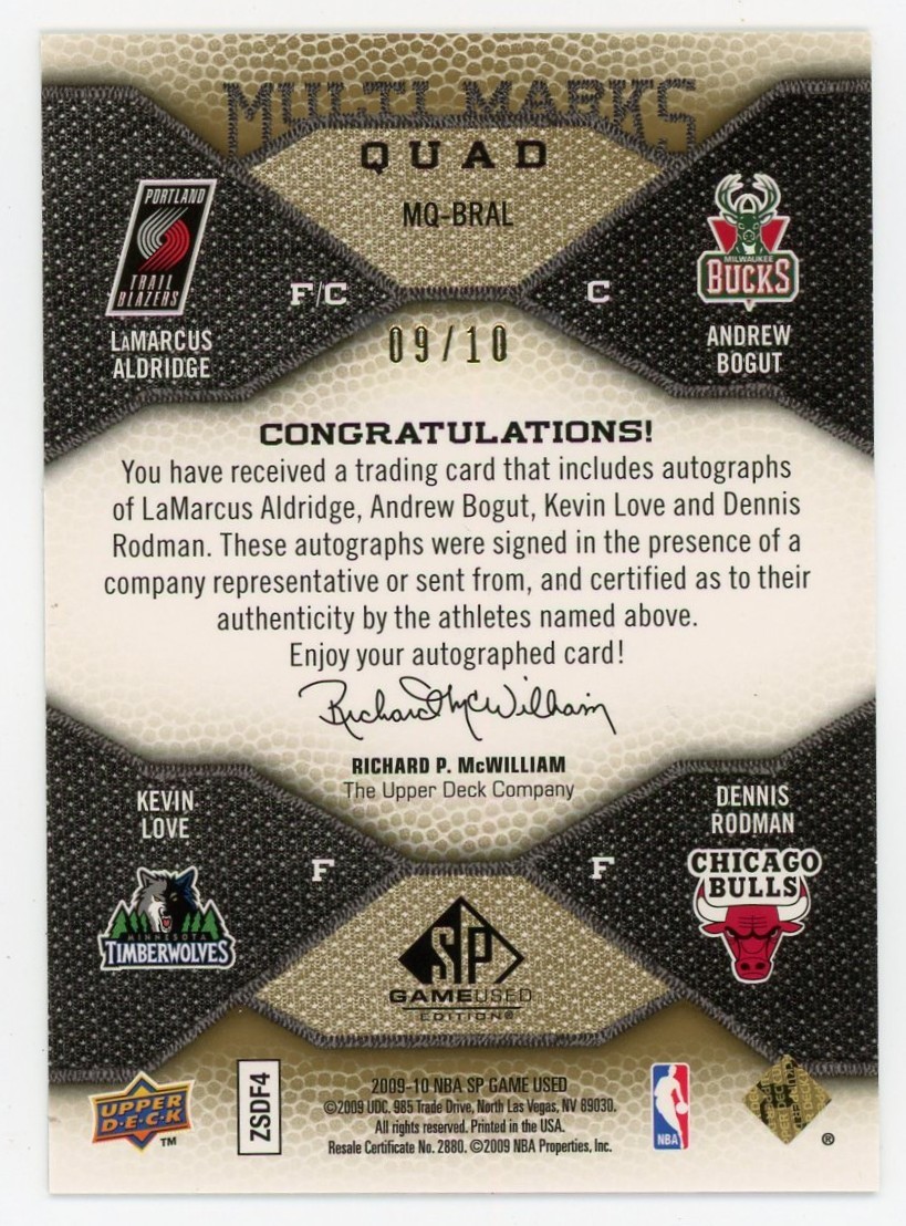 2009-10 UD SP Game Used Multi Marks Dennis Rodman/Love/Aldridge Quad Auto 9/10 view 2