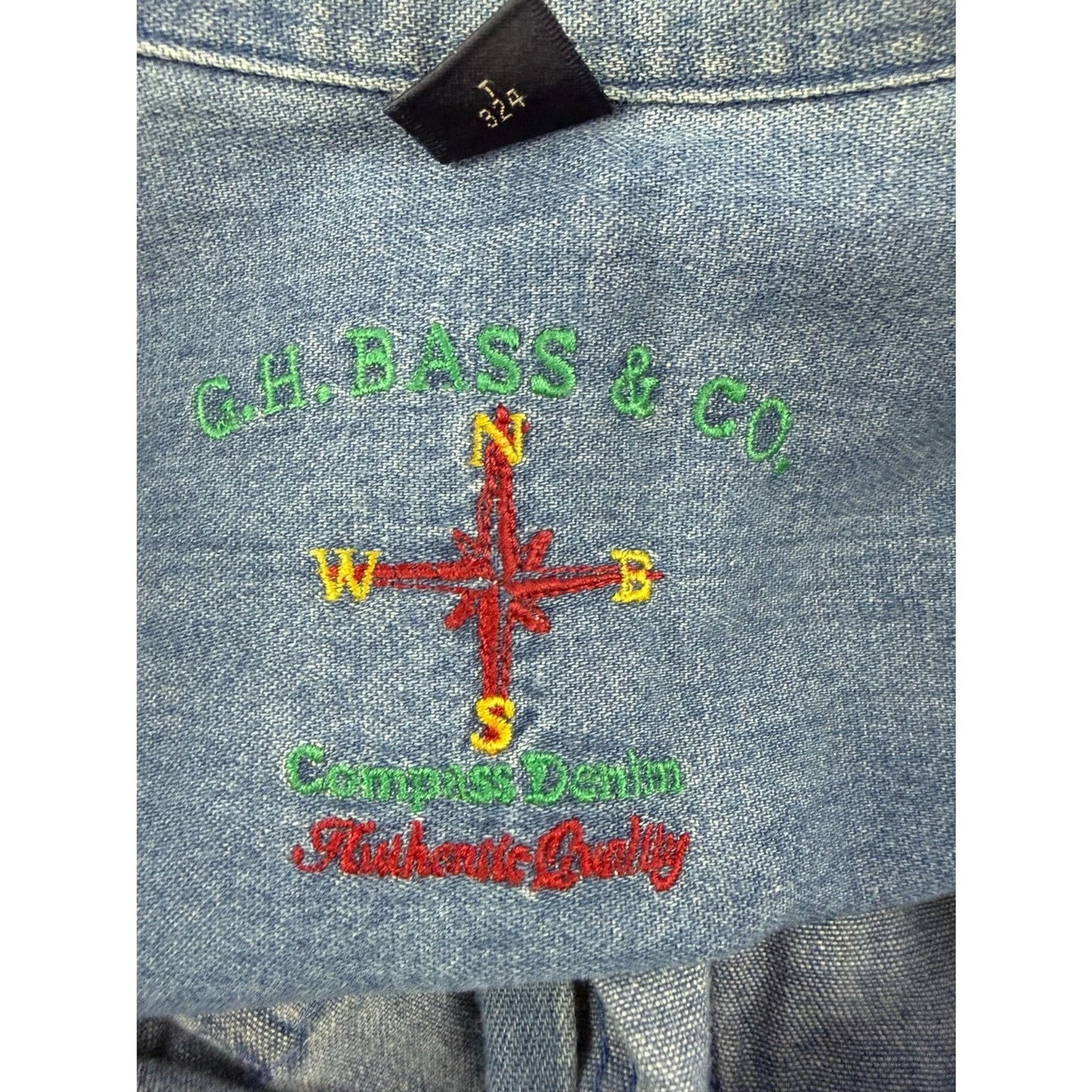Vintage GH Bass Compass Denim Shirt Mens 15.5 Medium Blue Button Up Workwear - product detail image 4