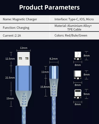 LED 3 in 1 Magnetic Charger Cable Fast Charging USB 2.4A For UNIVERSAL mobile - Picture 5 of 6