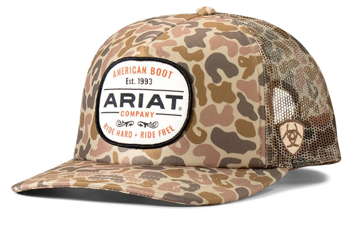 Ariat Western Mens Cap Baseball Hat Patch Logo Snap Mesh Camo Beige A3000871156