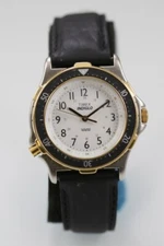 Timex Men Watch Silver Gold Stainless Steel Black Leather WR Light White Quartz