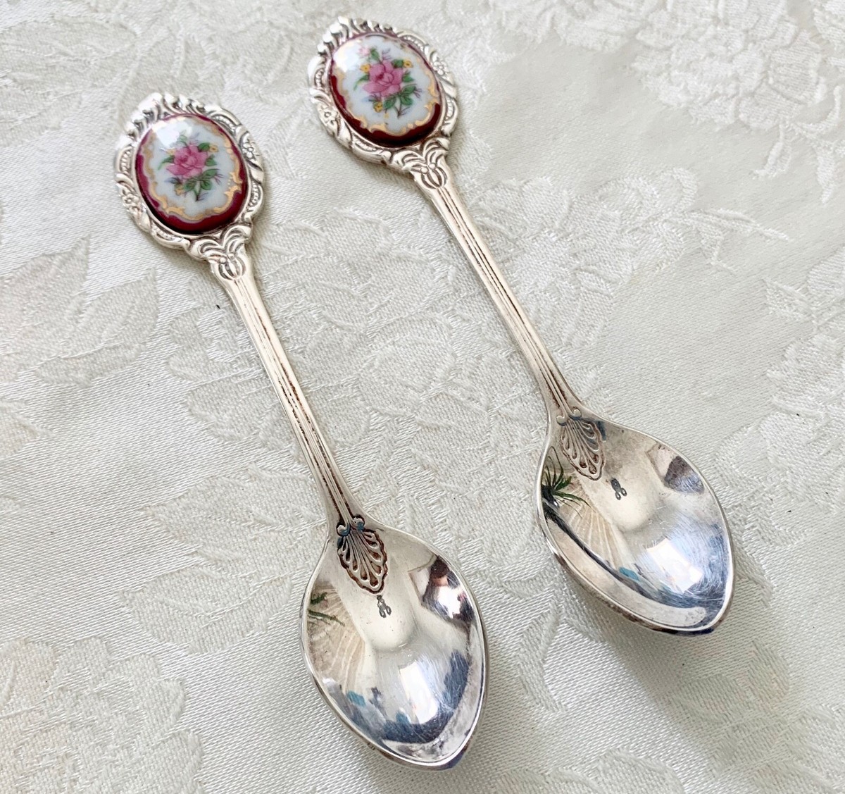 Serving Spoons Set Victorian Pink Red Flower Stainless Steel 1/4