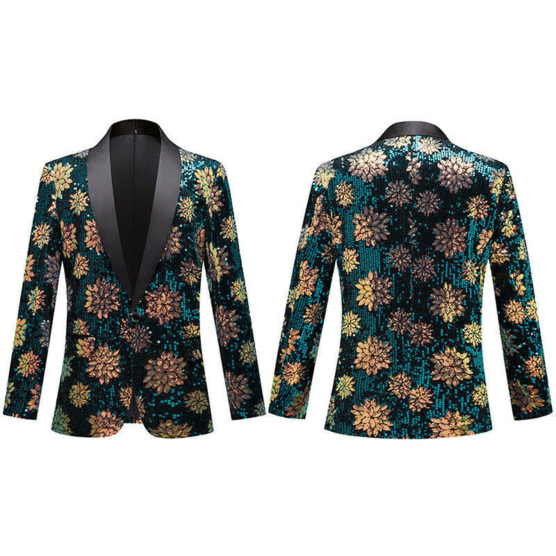 Men Flower Sequin Suit Jacket Dress Blazer Stage Showman Costume Coat Party image 5