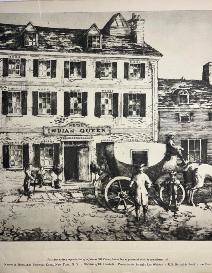 Vtg Print Etching Reproduction Hotel Indian Queen Distillers Rye Whiskey 1940's - Image 2 of 4