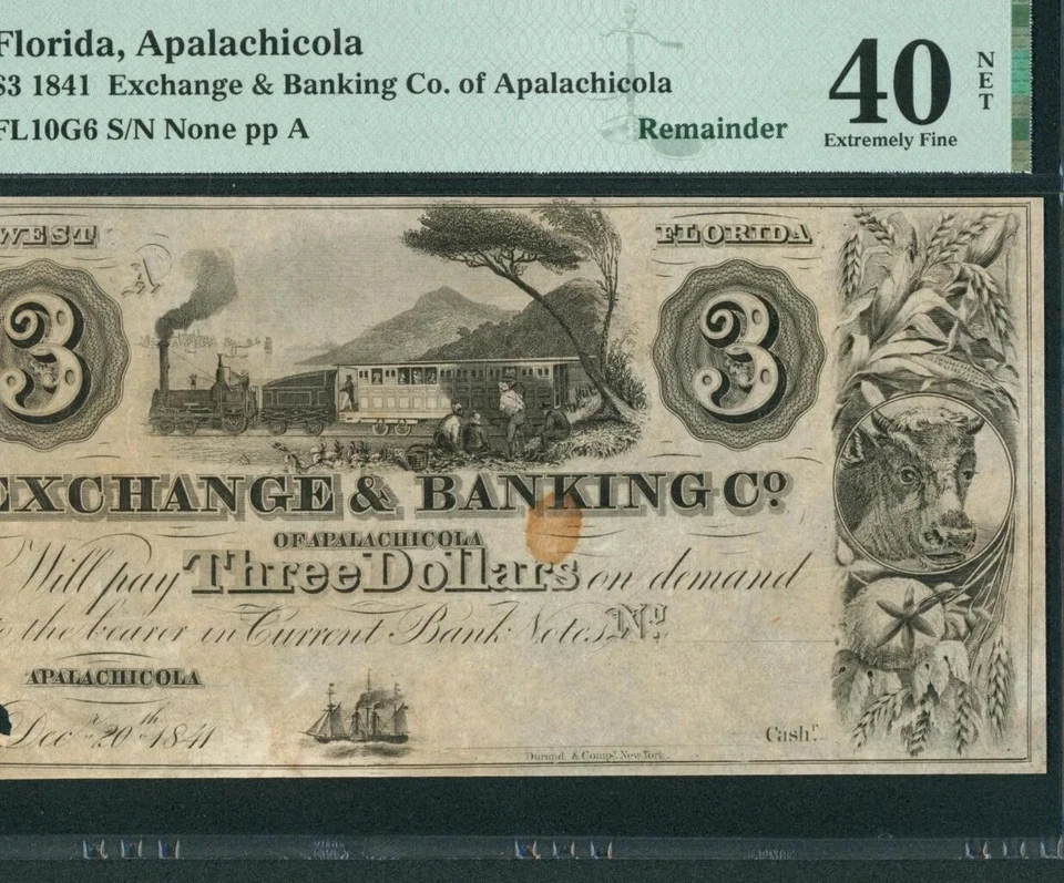$3 1841 Exchange & Banking Co. of Apalachicola (REMAINDER) (( PMG - 40 NET )) - Image 3 of 3