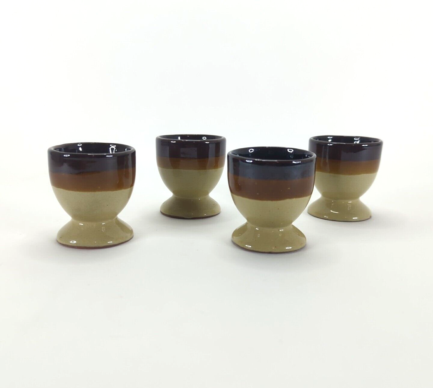 Egg Cups Handmade Ceramic Pottery Tan Brown Farmhouse 4 Pieces 2-1/4