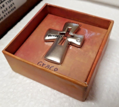 NEW 1.5 inch pewter cross with inlaid sapphire stone with ''Blessings'' etched