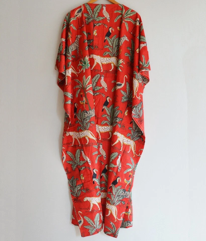 Indian Vintage 100% Cotton Long Beach Maxi Kaftan Dress One Size Caftan Kimono - Image 3 of 4