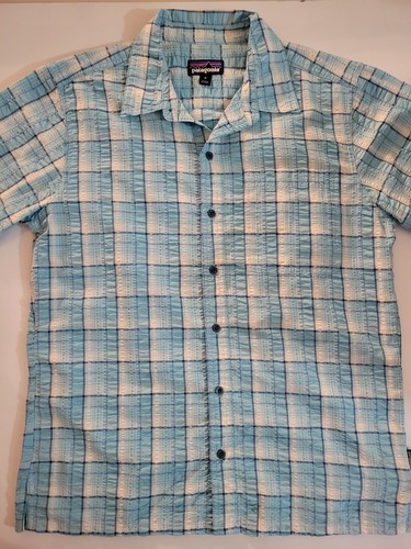 Patagonia Button Up Shirt Mens Medium Light Blue Plaid Lightweight Hiking Casual - Picture 2 of 10