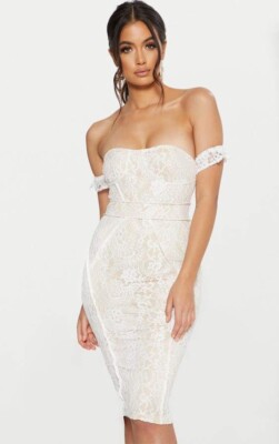 PRETTY LITTLE THING WHITE LACE BARDOT Binding MIDI DRESS NWT Sz 4 | eBay