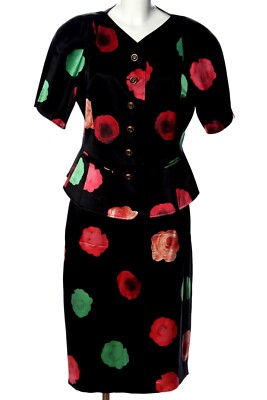 100% Seide Kostüm 44 Blumen RENZO Rosen  42 40 Satin Rock Jacke Hingucker LUXUS