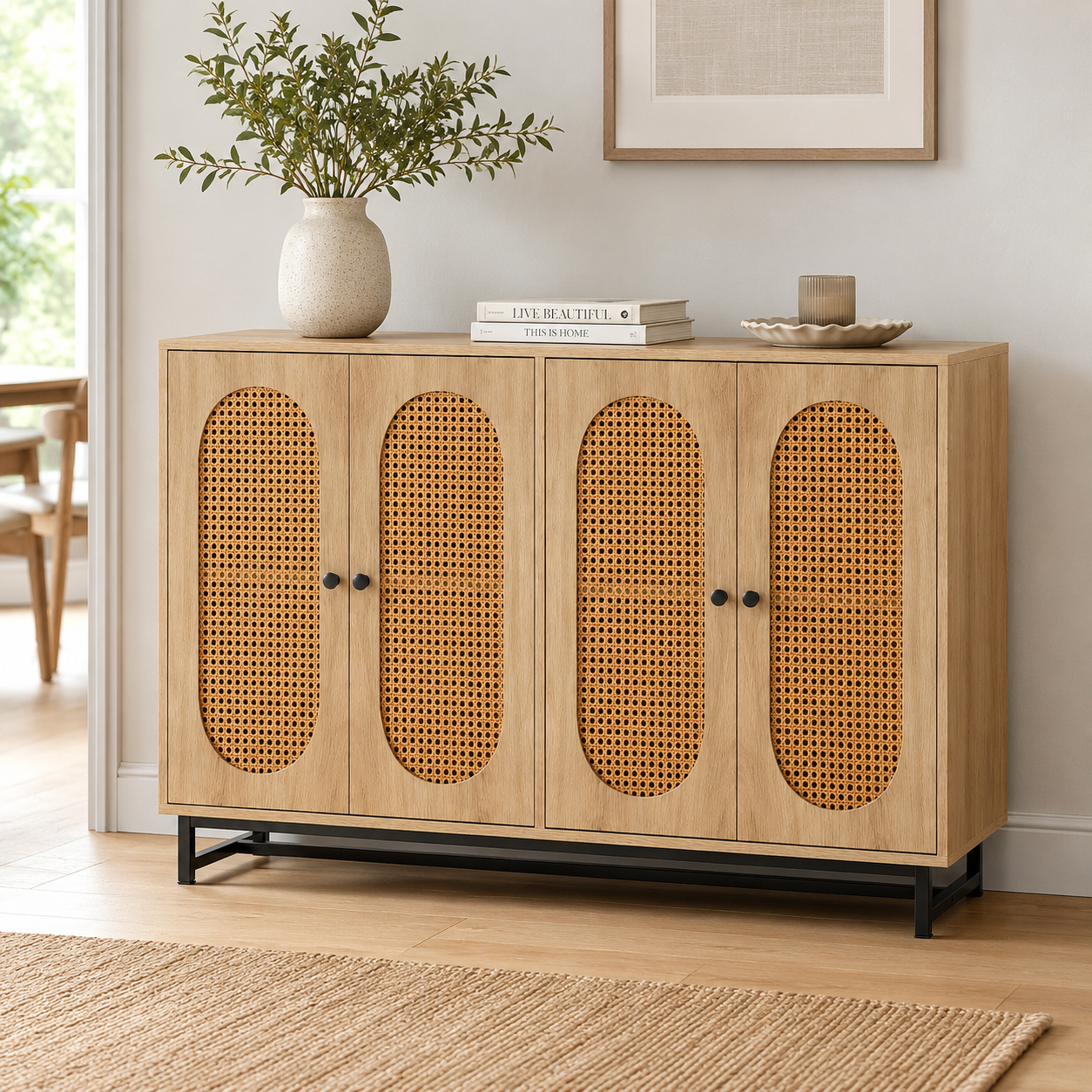 Sideboard Cabinet Rattan 4 Door Buffet Storage Cupboard Natural Console 126cm
