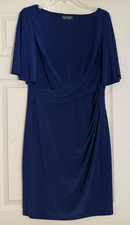 Lauren Ralph Lauren Women's 12 Blue Boat Neck Chiffon Flutter Sleeve Sheath