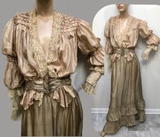 Antique VTG 1900s BELLE ÉPOQUE SILK 2Pc DRESS Valenciennes Lace GIGOT SLEEVES NR
