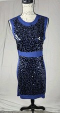 Susana Monaco Sz Medium Womens Blue Sequin Stretch Wool Blend Sheath Dress
