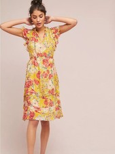 Anthropologie Dolan Silk Ellory Floral Ruffle Yellow Maxi Dress