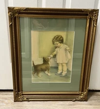 Vtg Bessie P Gorman “The Reward” Little Girl With Dog 19 1/4” W x 23.5” L Framed