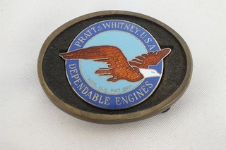 Vtg Pratt Whitney Engines Oval Belt Buckle Brass $ Enamel USA Aircraft Industry
