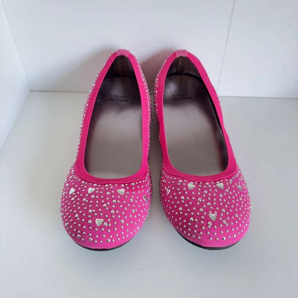 Stuart Weitzman Girls Ballet Flats Size 2 Pink Sally Evelyn Silver Studs - Image 3 of 4