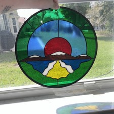 Vintage Round Stained Glass Mountain Sunset Suncatcher Window Wall Decor 12