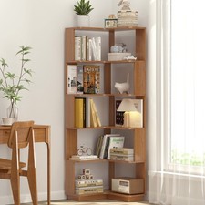 6-Tier L-Shaped Corner Bookshelf Wood Bookcase Display Storage Rack Organizer