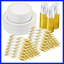350Pcs Gold Disposable Plates, Plastic Dinnerware Set for 50Guests