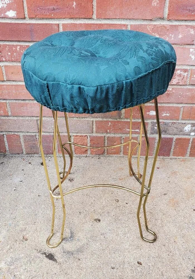 Vintage Vanity Bench Stool Green Padded Upholstery Seat Gold Steel Base - Image 2 of 4