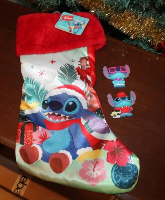 Disney Lilo and Stitch Christmas Stocking and 2 Stitch 3D Magnets - New!