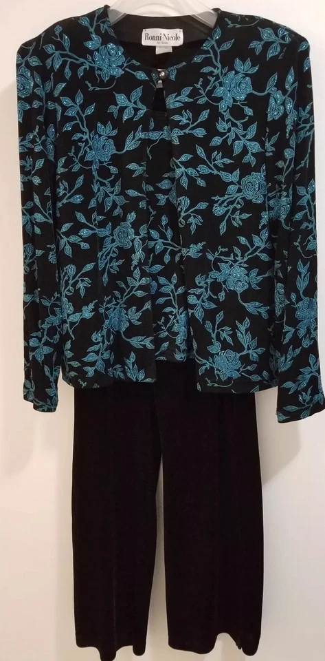 Set 3 pezzi Ronni Nicole Lux nero velluto verde acqua canotta pantaloni spolverino giacca taglia S - Immagine 2 di 4