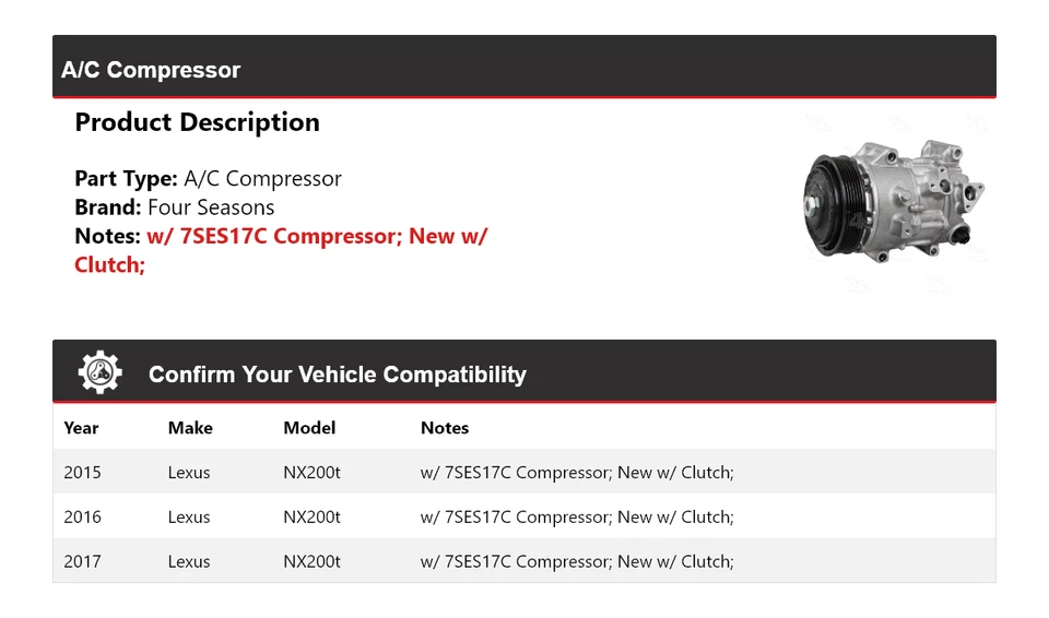 For 2015-2017 Lexus NX200t A/C Compressor 4 Seasons 2016 - Image 2 of 4